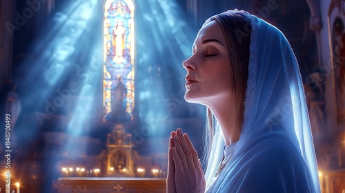 A cinematic shot of Saint Teresa of Ávila kneeling before a golden altar, her face glowing with divine ecstasy, bathed in soft light from ornate stained glass windows,