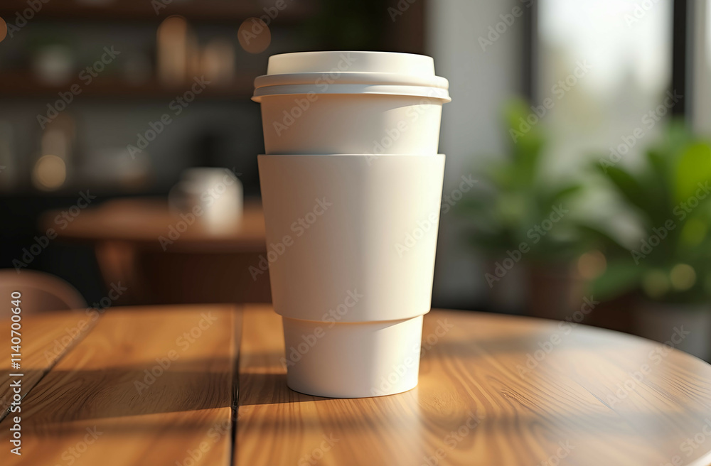 A white blank coffee cup, placed on a wooden café table, ready for a logo or design, rebranding cafe restaurant cup A white blank coffee cup, placed on a wooden café table, ready for a logo or design, rebranding cafe restaurant cup