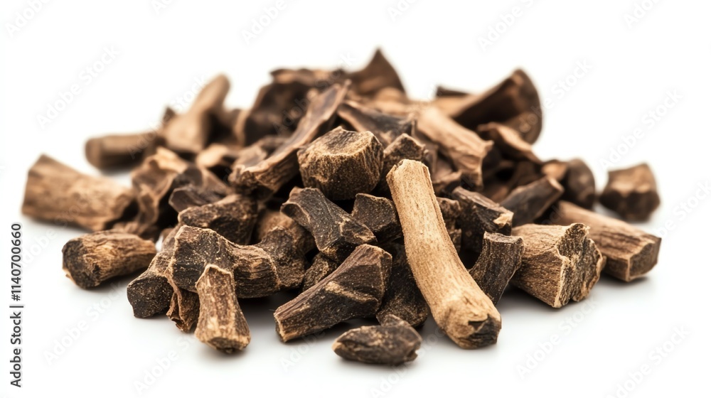 Dried medicinal herb roots displayed on a white background. Dried medicinal herb roots displayed on a white background.
