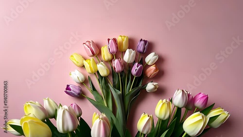 Beautiful Arrangement of Colorful Tulip Flowers on a Soft Pink Background with Green Leaves