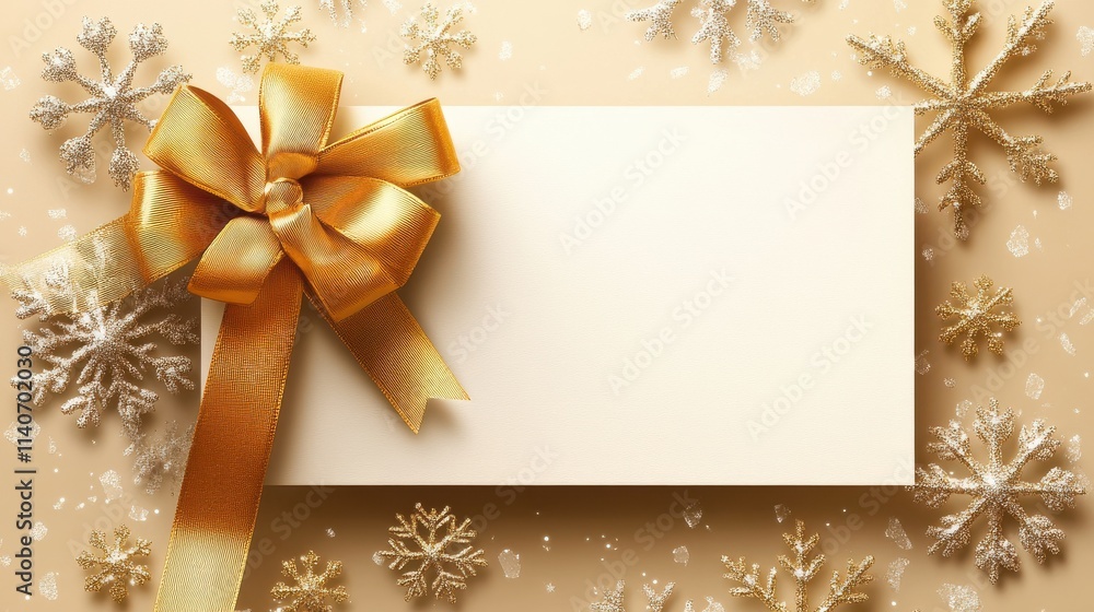 Elegant Gift Box with Gold Ribbon and Snowflakes on Golden Background Elegant Gift Box with Gold Ribbon and Snowflakes on Golden Background
