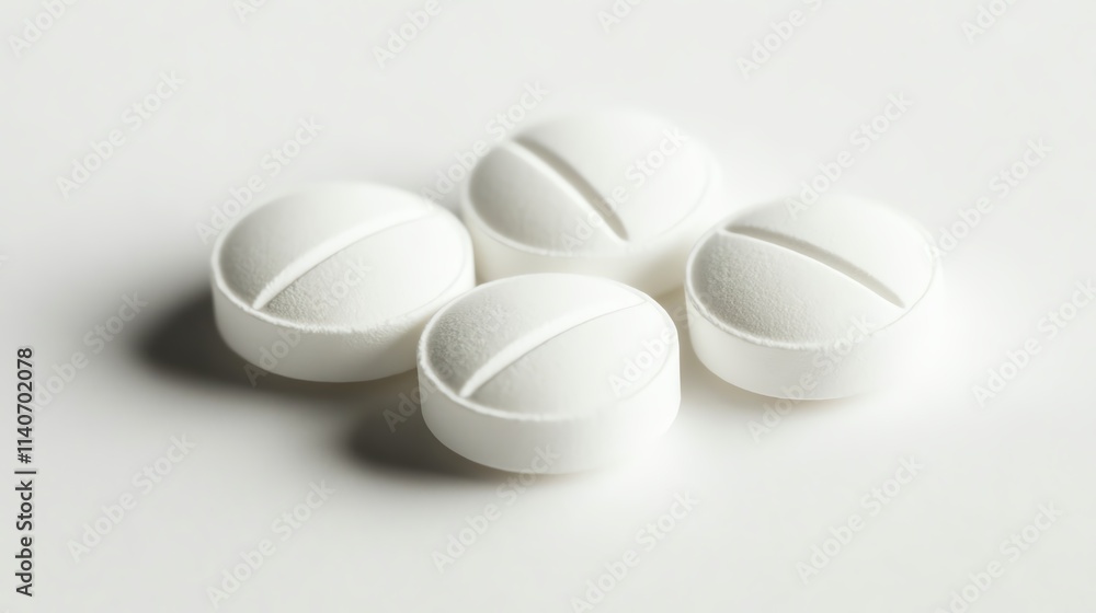 Four white tablets arranged neatly on a light background. Four white tablets arranged neatly on a light background.
