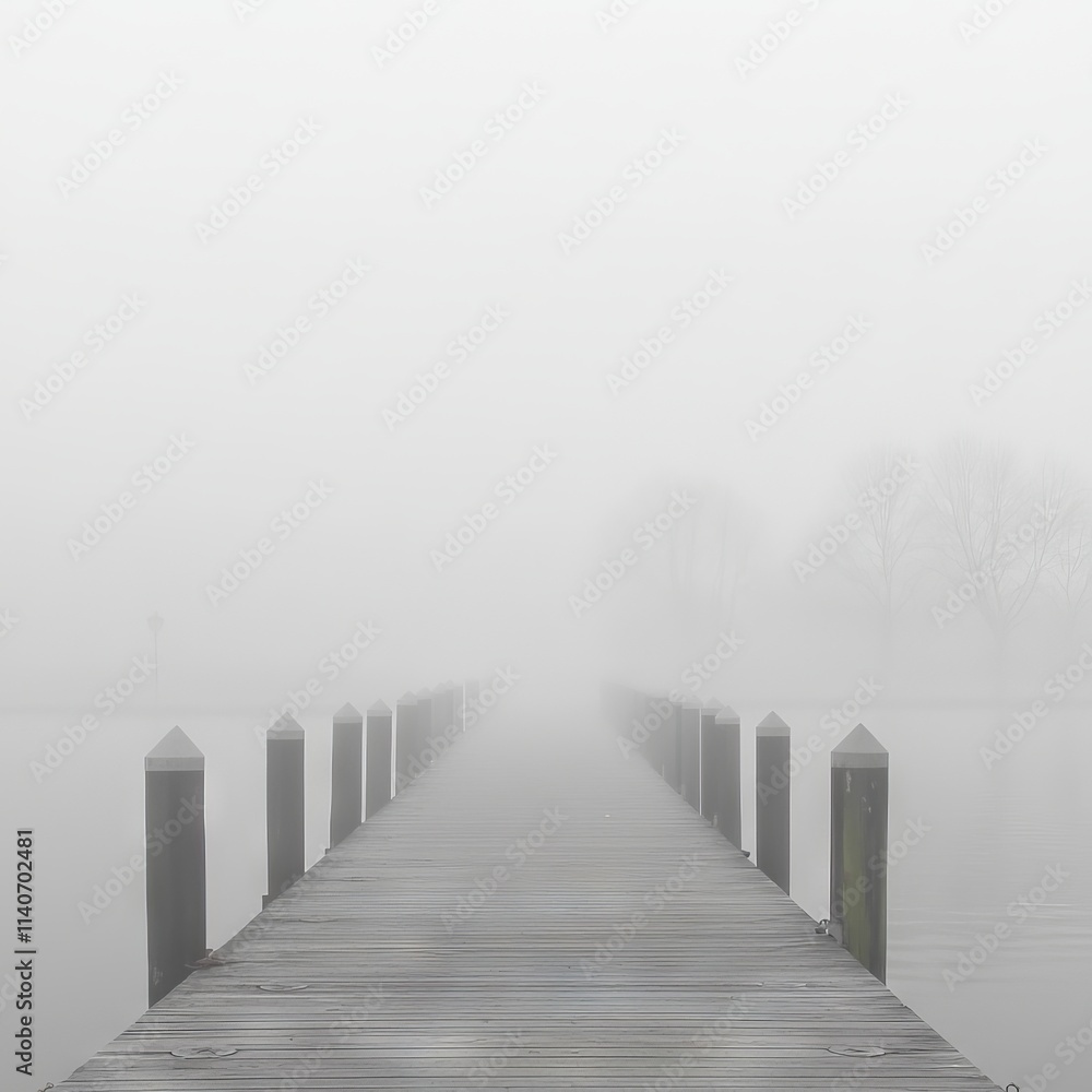 A foggy pier extending into a tranquil body of water. A foggy pier extending into a tranquil body of water.