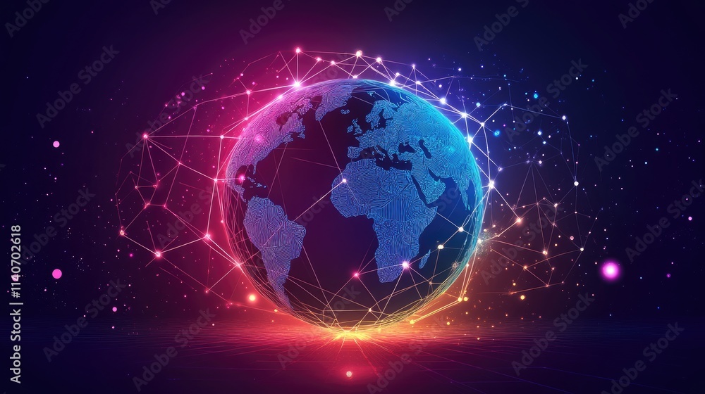 A visual of interconnected continents over a glowing 3D globe, showing global trade relations, cyberpunk aesthetics, radiant neon colors A visual of interconnected continents over a glowing 3D globe, showing global trade relations, cyberpunk aesthetics, radiant neon colors