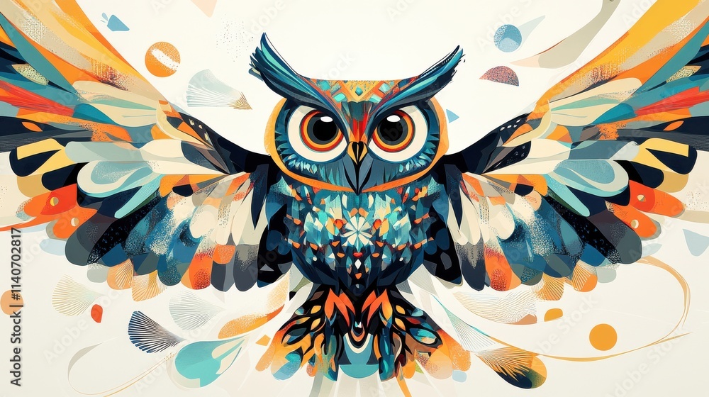 Fototapeta premium Colorful Artful Owl Illustration with Vibrant Feathers and Patterns