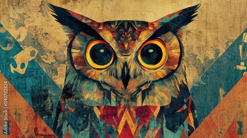 Colorful Abstract Owl Art with Geometric Background Patterns photo