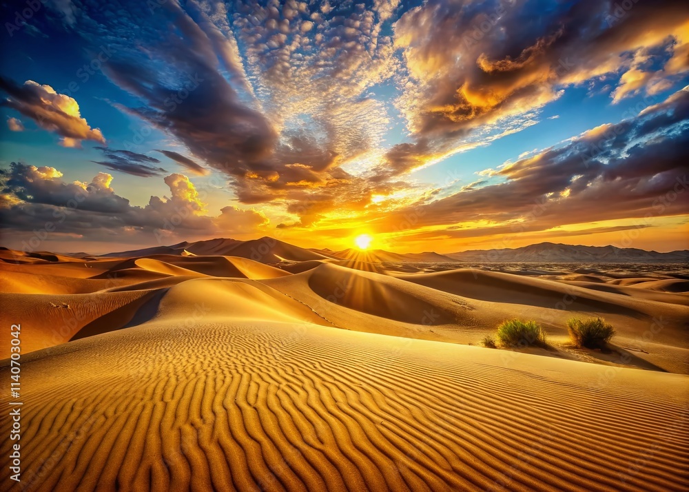 Naklejka premium Stunning Desert Landscape Photography: Rule of Thirds Composition, Epic Sunset, Sand Dunes, Arid Scenery, Sahara Desert Images