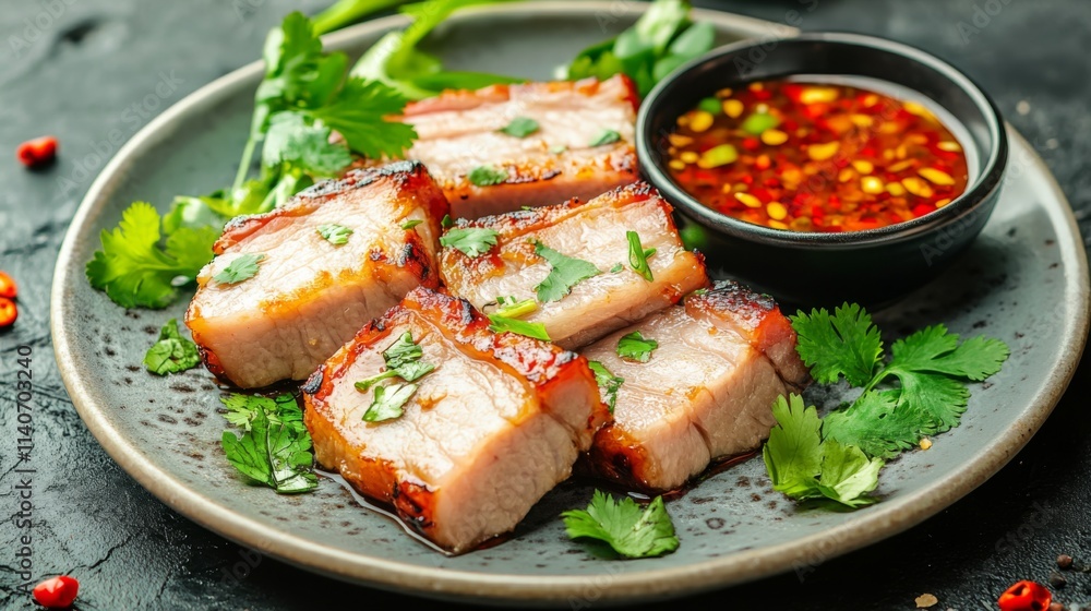 Delicious Grilled Pork Belly with Fresh Herbs and Spicy Sauce Delicious Grilled Pork Belly with Fresh Herbs and Spicy Sauce
