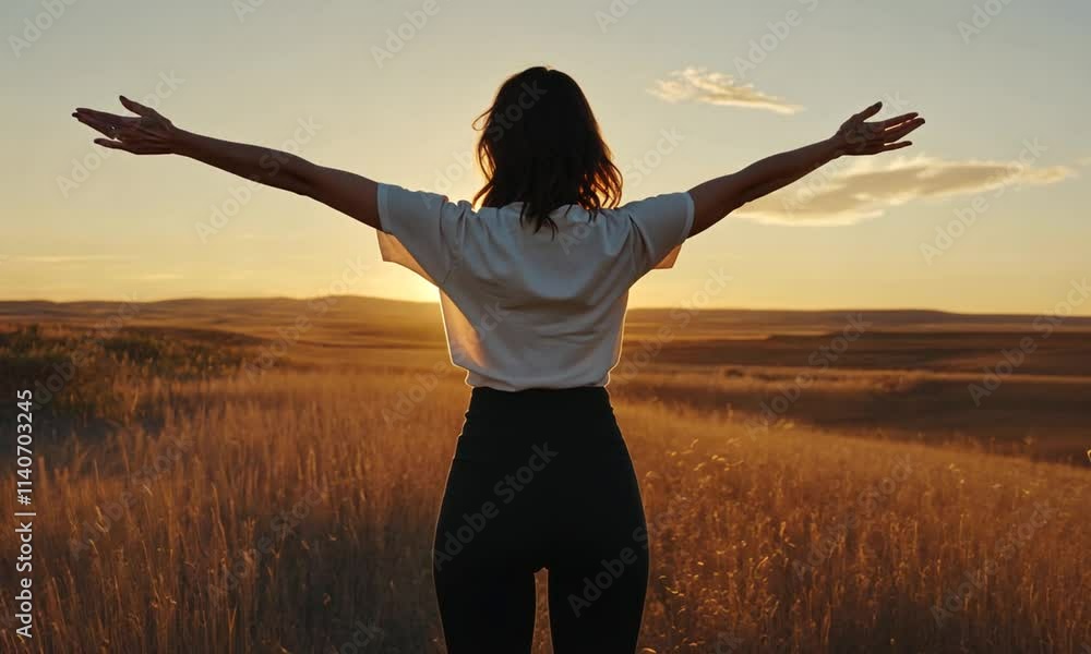 A woman stands in a field at sunset, arms outstretched in joy. A woman stands in a field at sunset, arms outstretched in joy.
