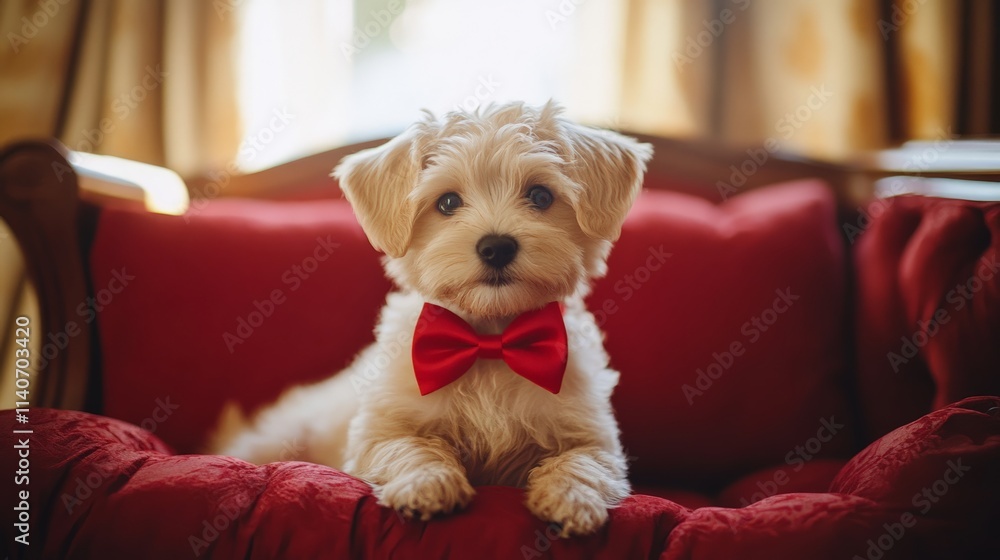 Adorable Puppy in a Red Bow Tie on a Luxurious Couch, Looking Playful and Cute Adorable Puppy in a Red Bow Tie on a Luxurious Couch, Looking Playful and Cute
