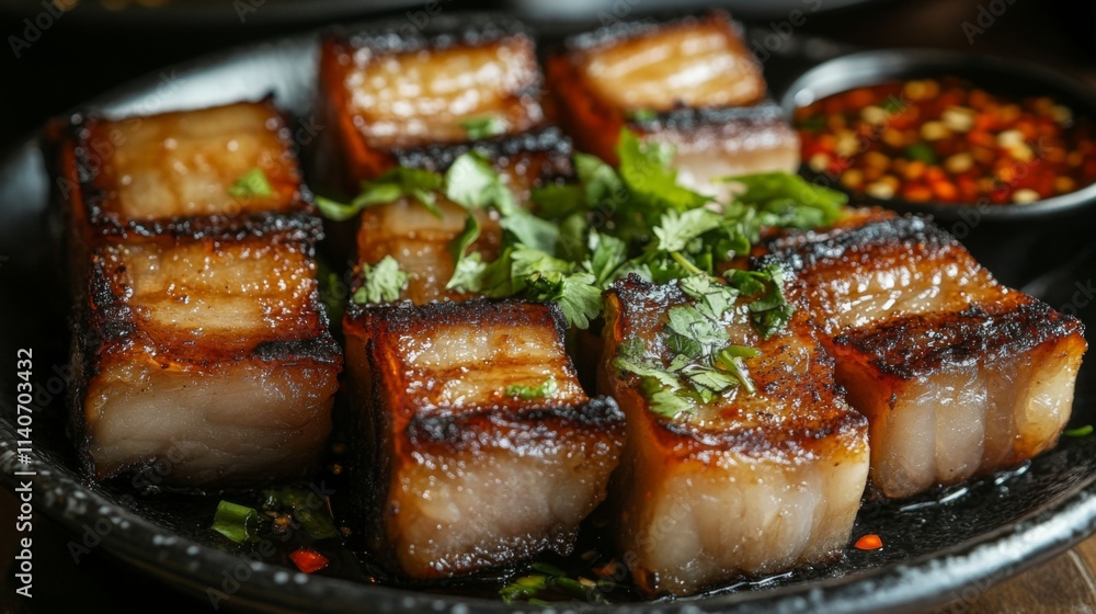 Delicious Grilled Pork Belly Slices with Fresh Herbs and Sauce Delicious Grilled Pork Belly Slices with Fresh Herbs and Sauce