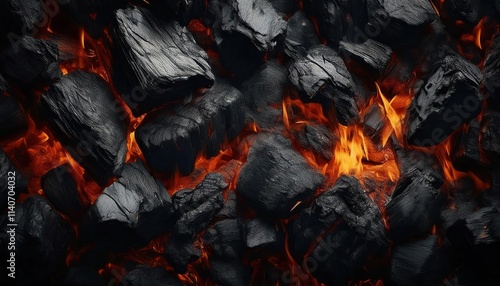 Close-up of Glowing Charcoal and Burning Embers with Fiery Orange Flames for BBQ, Grilling, Campfires, Heating Concepts. Perfect for Cooking, Energy, or Industrial Design Inspiration photo