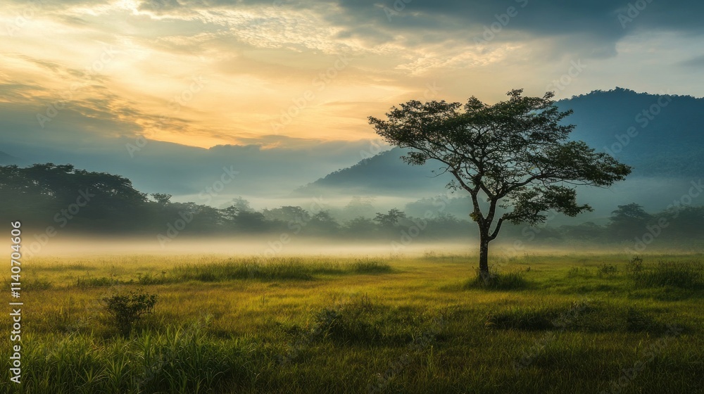 Solitary tree in misty sunrise field with mountain background. Solitary tree in misty sunrise field with mountain background.
