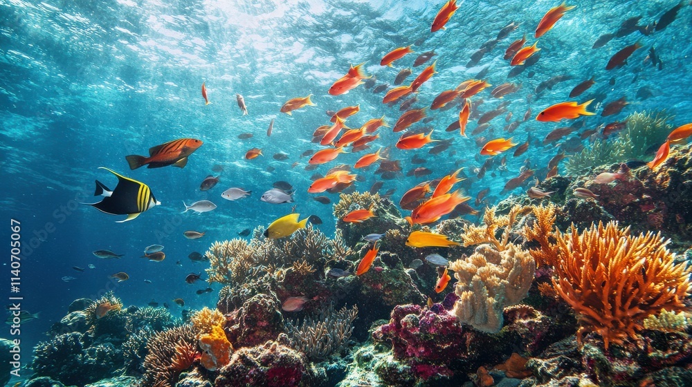 Fototapeta premium Vibrant Coral Reef Underwater Scene with Colorful Tropical Fish
