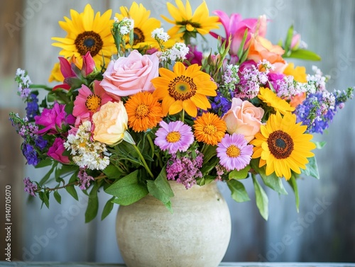 a vibrant bouquet of sunflowers, roses, and other colorful flowers in a cream vase