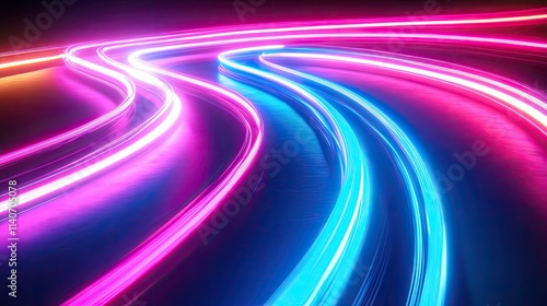 Dynamic neon wave with vibrant pink and blue glow, smooth curves, motion trail effect, ultra high-resolution, 8K wallpaper