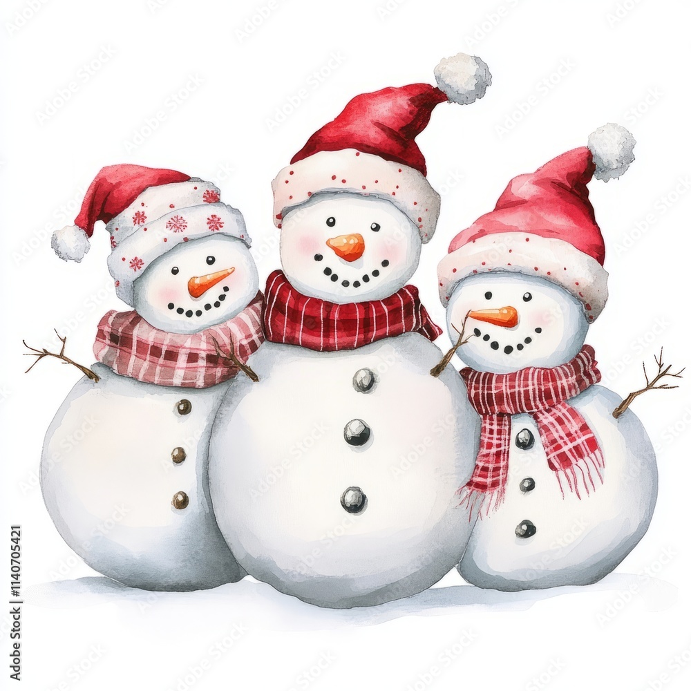 Three snowmen with red and white hats and scarves Three snowmen with red and white hats and scarves