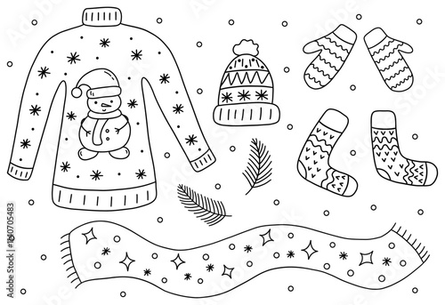 Set of winter season clothes. Sweater and hat, mittens and warm socks, scarf. Spruce branches and snow. Black and white vector isolated illustration hand drawn doodle. Winter vibe garment