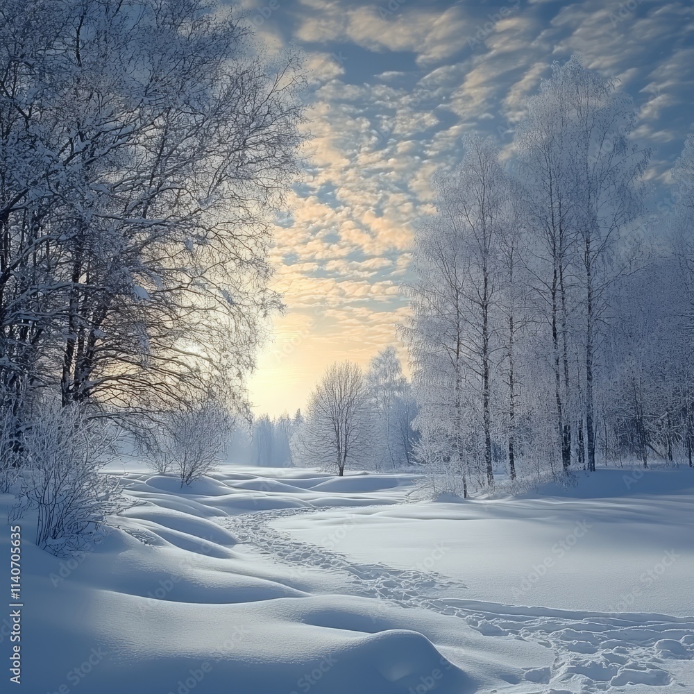 Snowy winter landscape at sunrise with frosted trees Snowy winter landscape at sunrise with frosted trees