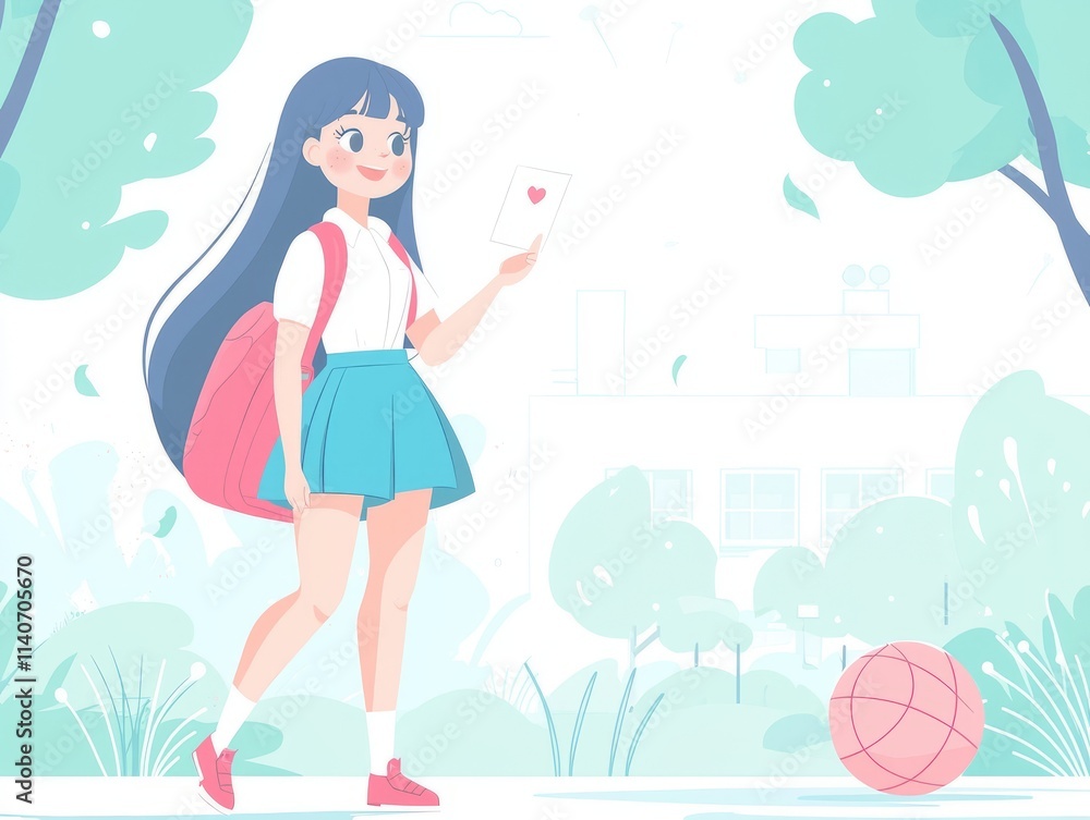 A girl walking with a backpack, holding a phone in a serene park setting. A girl walking with a backpack, holding a phone in a serene park setting.