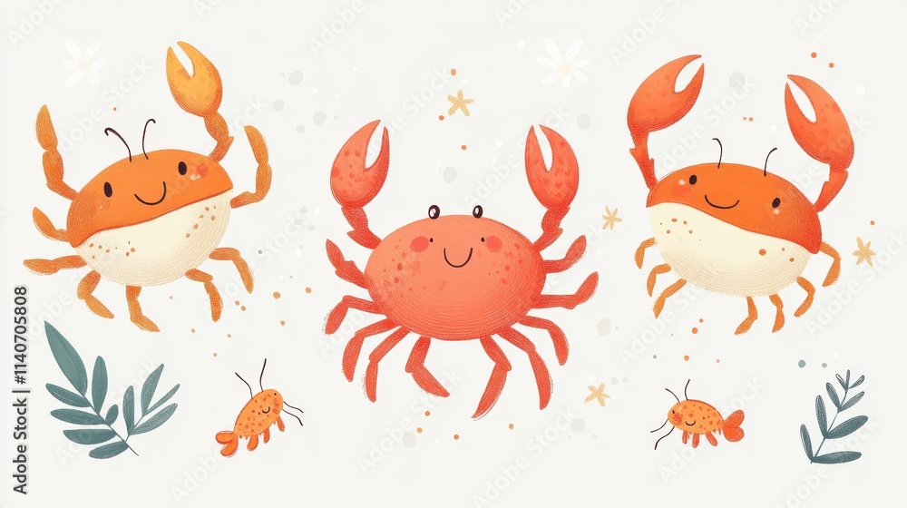 Obraz premium Cute and Colorful Cartoon Crabs in a Cheerful Underwater Setting