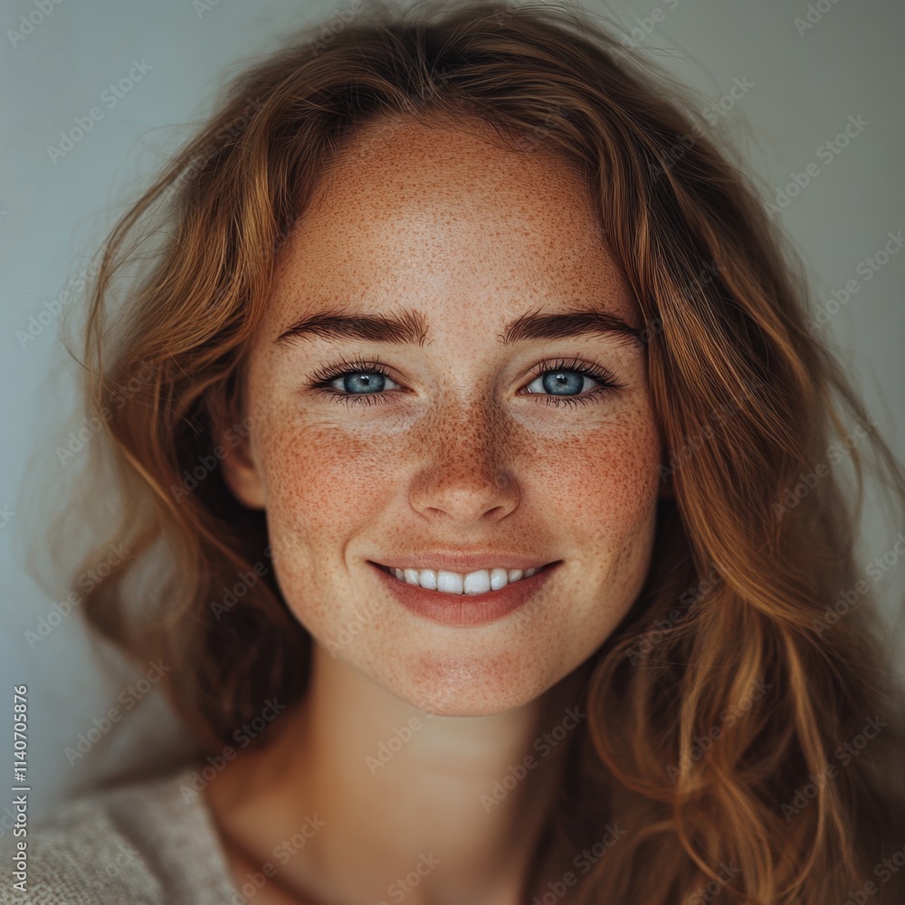 close up of a woman with freckles smiling close up of a woman with freckles smiling