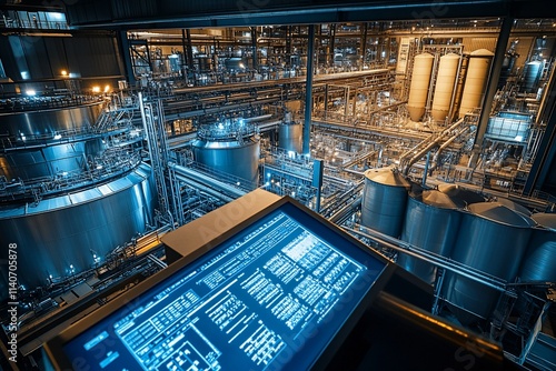 High-angle view of a modern brewery's interior, showcasing stainless steel tanks, pipes, and a control panel displaying process data.