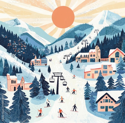 Ski resort bustling with activity on a sunny winter day.