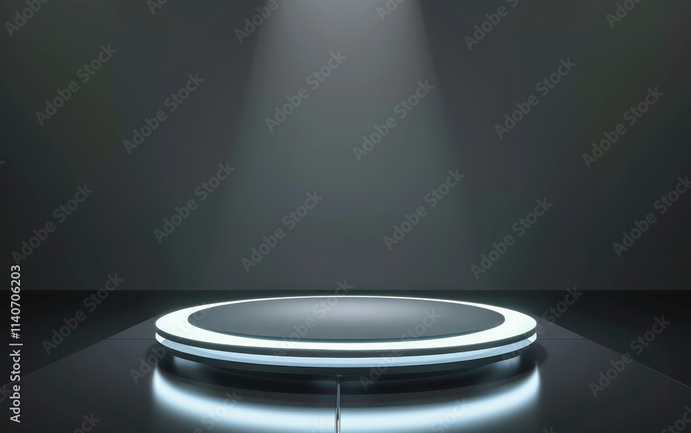 podium illuminated circular platform in a dark room showcasing modern design and dramatic lighting. podium illuminated circular platform in a dark room showcasing modern design and dramatic lighting.