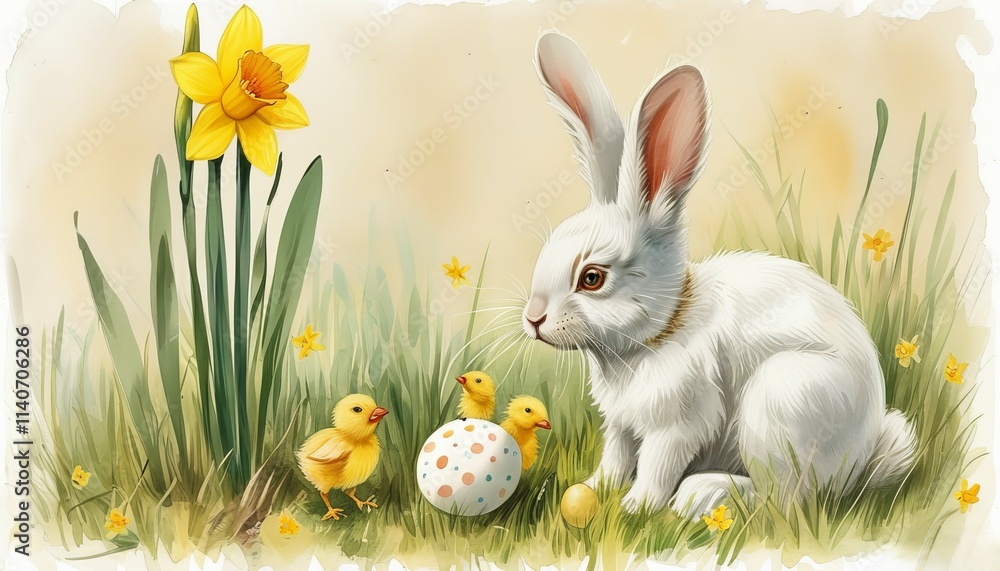 Fototapeta premium cute white rabbit with an Easter egg next to it and a small chicken, on the background of a green lawn with yellow daffodil flowers, Easter day, Easter eggs and a rabbit