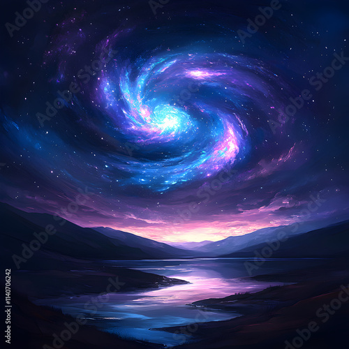 mystical galaxy glows brightly, forming a silhouette of swirling stars and nebulae. The galaxy appears otherworldly, casting ethereal colors like purples, blues, and pinks against a backdrop of deep 