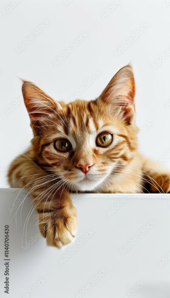A red-haired little curious kitten peeking out from under a protruding wall on a white background A red-haired little curious kitten peeking out from under a protruding wall on a white background