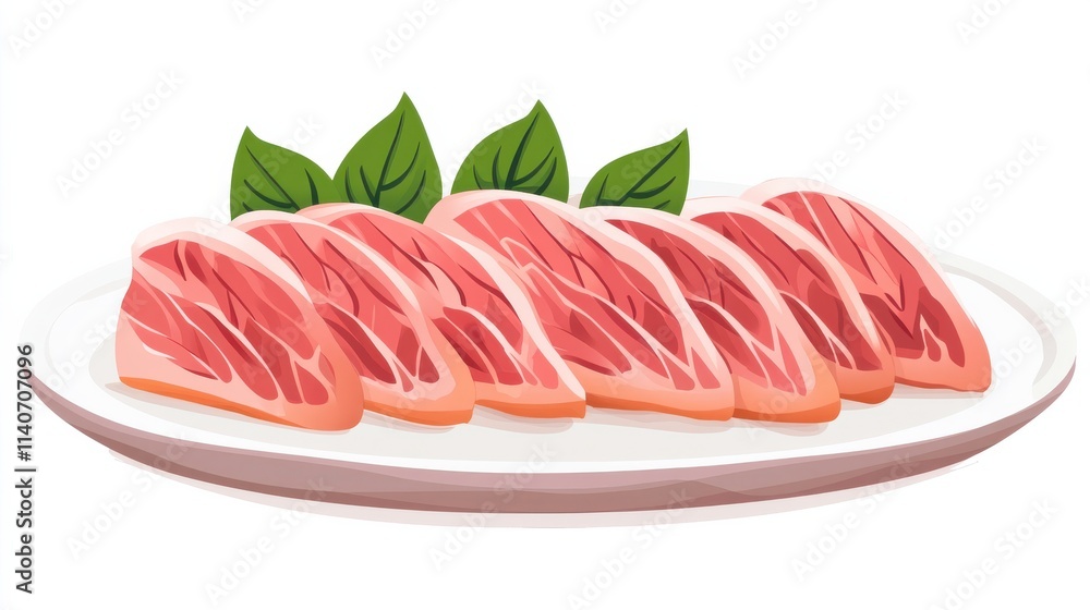 Freshly Sliced Raw Meat Displayed on White Plate with Green Leaves Freshly Sliced Raw Meat Displayed on White Plate with Green Leaves