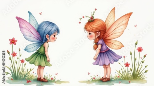 Seamless children's pattern with fairies and flowers,. pattern with cartoon fairy or elves for children, girls. Drawing for wallpaper, children's linen, poster, notebook cover