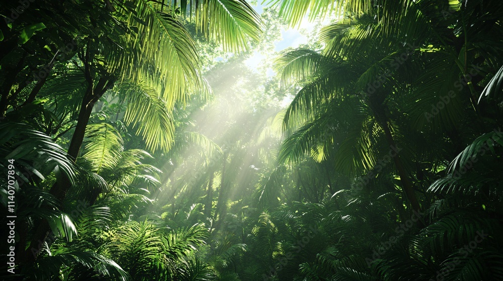 Sunlight streams through lush green foliage of a vibrant rainforest, creating a serene and tranquil atmosphere. Sunlight streams through lush green foliage of a vibrant rainforest, creating a serene and tranquil atmosphere.