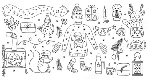 Set of winter elements on white background. Sweater and hat, mittens and warm socks, scarf and garlands, stove and hot tea, animals. Black and white vector isolated illustration hand drawn doodle