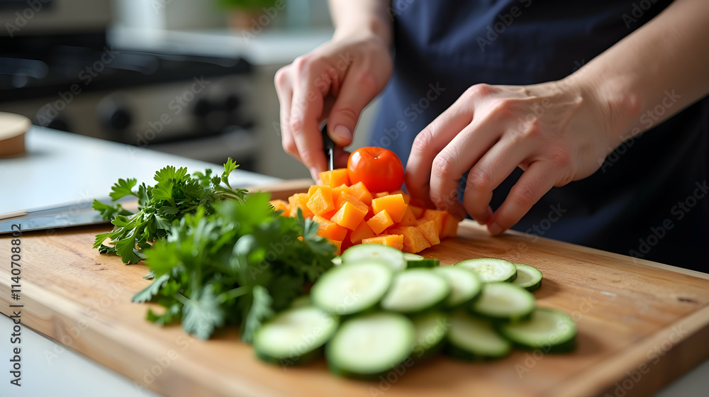 A chef's hands skillfully chop fresh cucumbers, butternut squash, and parsley on a rustic wooden board. A vibrant tomato adds a pop of color. A chef's hands skillfully chop fresh cucumbers, butternut squash, and parsley on a rustic wooden board. A vibrant tomato adds a pop of color.