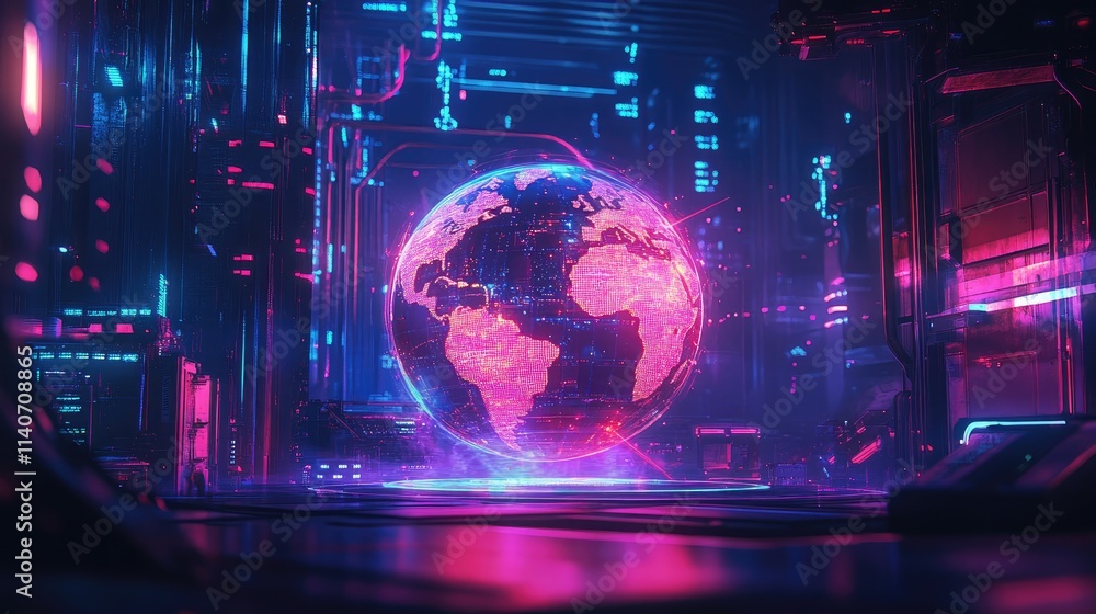 Fototapeta premium A world trade concept depicted with a glowing holographic globe in a dark cyberpunk-style setting, vivid neon highlights, sci-fi aesthetic