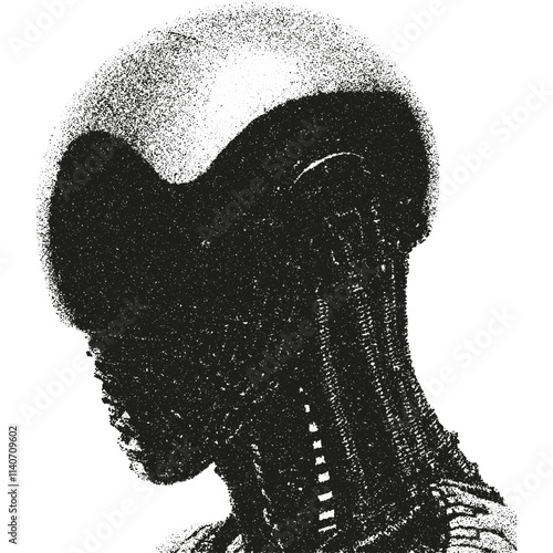 A dream of a strange new world. Alien half androids. Grainy dirty effect, photocopy. Halftone. Stippled texture. Element creative designs. 