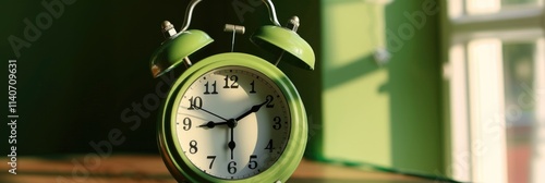 Alarm Clock Face. Green Morning Timepiece with Vintage Styled Face photo