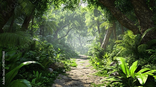 Fototapeta Naklejka Na Ścianę i Meble -  A tranquil pathway through a lush green jungle filled with dense foliage and sunlight filtering through the trees.