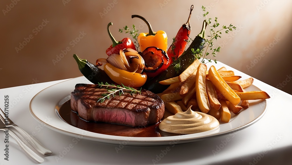 This vibrant and professionally styled food still life showcases a gourmet meal featuring a perfectly grilled, tender steak, complemented by a side of golden, crispy fries roasted seasonal vegetables. This vibrant and professionally styled food still life showcases a gourmet meal featuring a perfectly grilled, tender steak, complemented by a side of golden, crispy fries roasted seasonal vegetables.