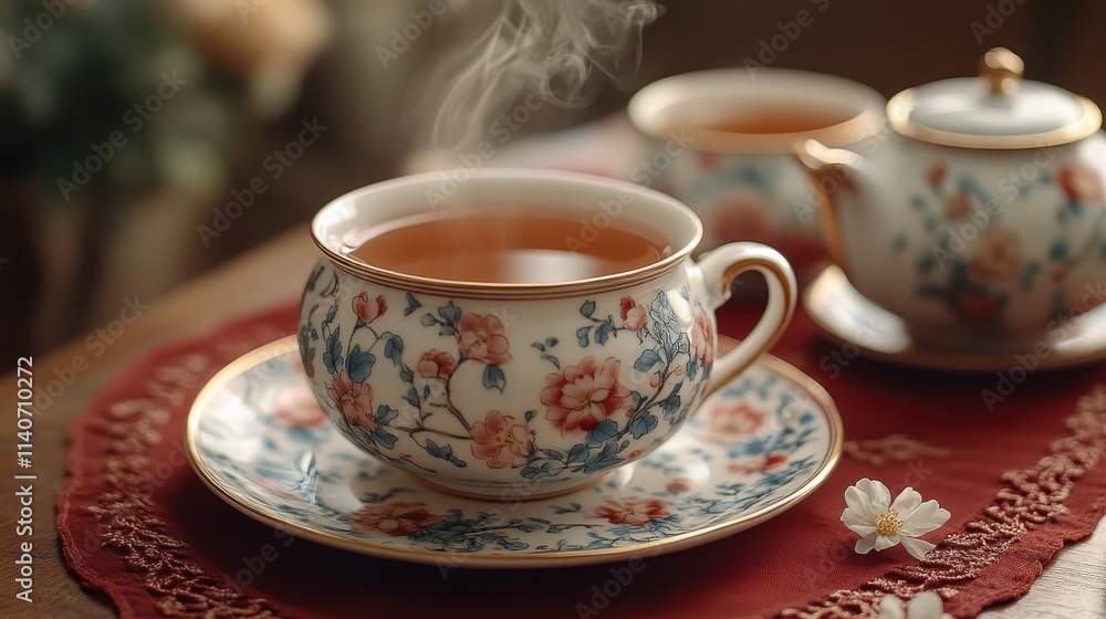 Fototapeta premium A tea set with steaming cups of jasmine tea, placed on a decorative red tablecloth.
