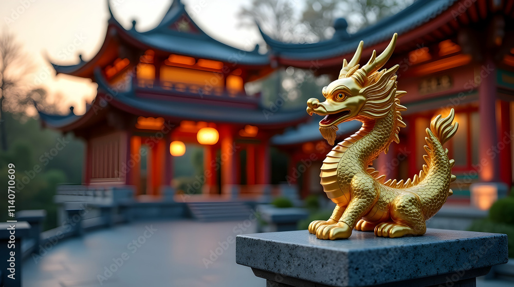 Fototapeta premium Majestic golden dragon statue rests serenely before a beautifully lit ancient temple at sunset, a scene of peace and cultural heritage.