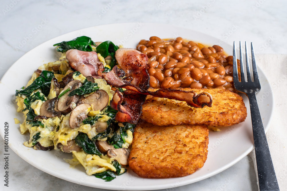 scramble eggs with bacon, baked beans and hash browns scramble eggs with bacon, baked beans and hash browns