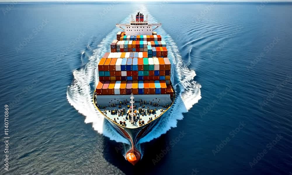 Large Cargo Ship Transporting Colorful Shipping Containers Across Open Ocean Waters with a Bright Sky and Calm Waves, Reflecting Modern Maritime Trade and Transportation