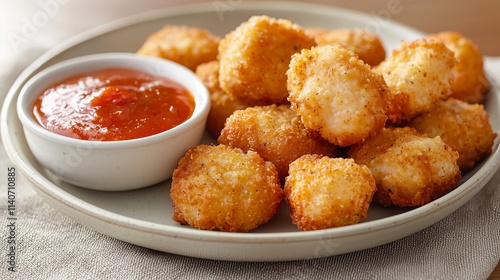 A close-up of chicken nuggets on a plate and bowl of sauce.