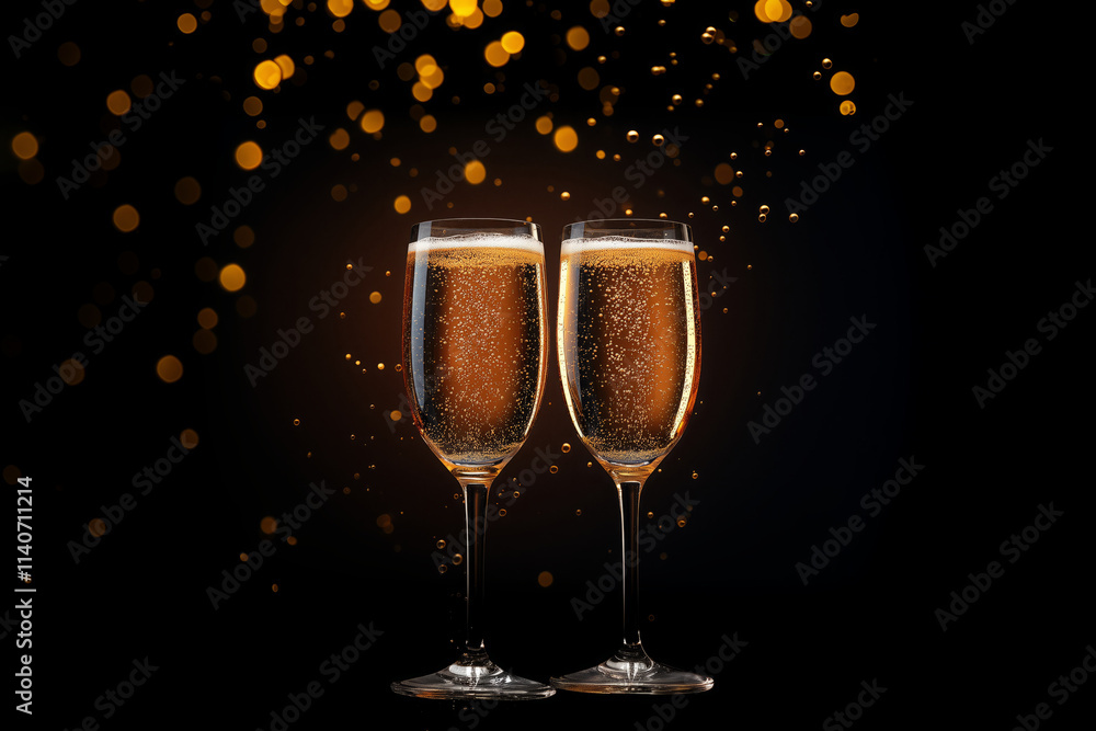 Two glasses of champagne on a black background with bokeh lights, with copy space, a mockup design. Two glasses of champagne on a black background with bokeh lights, with copy space, a mockup design.