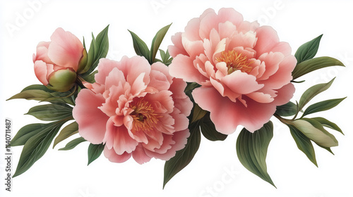 Fototapeta Naklejka Na Ścianę i Meble -  Elegant pink peonies with lush green leaves on a white background