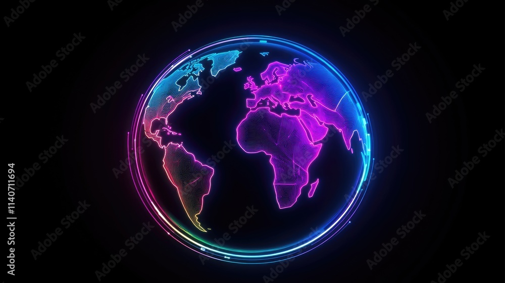 A world map overlaying a translucent digital globe, with trading routes illuminated in glowing lines, abstract tech design, neon palette A world map overlaying a translucent digital globe, with trading routes illuminated in glowing lines, abstract tech design, neon palette